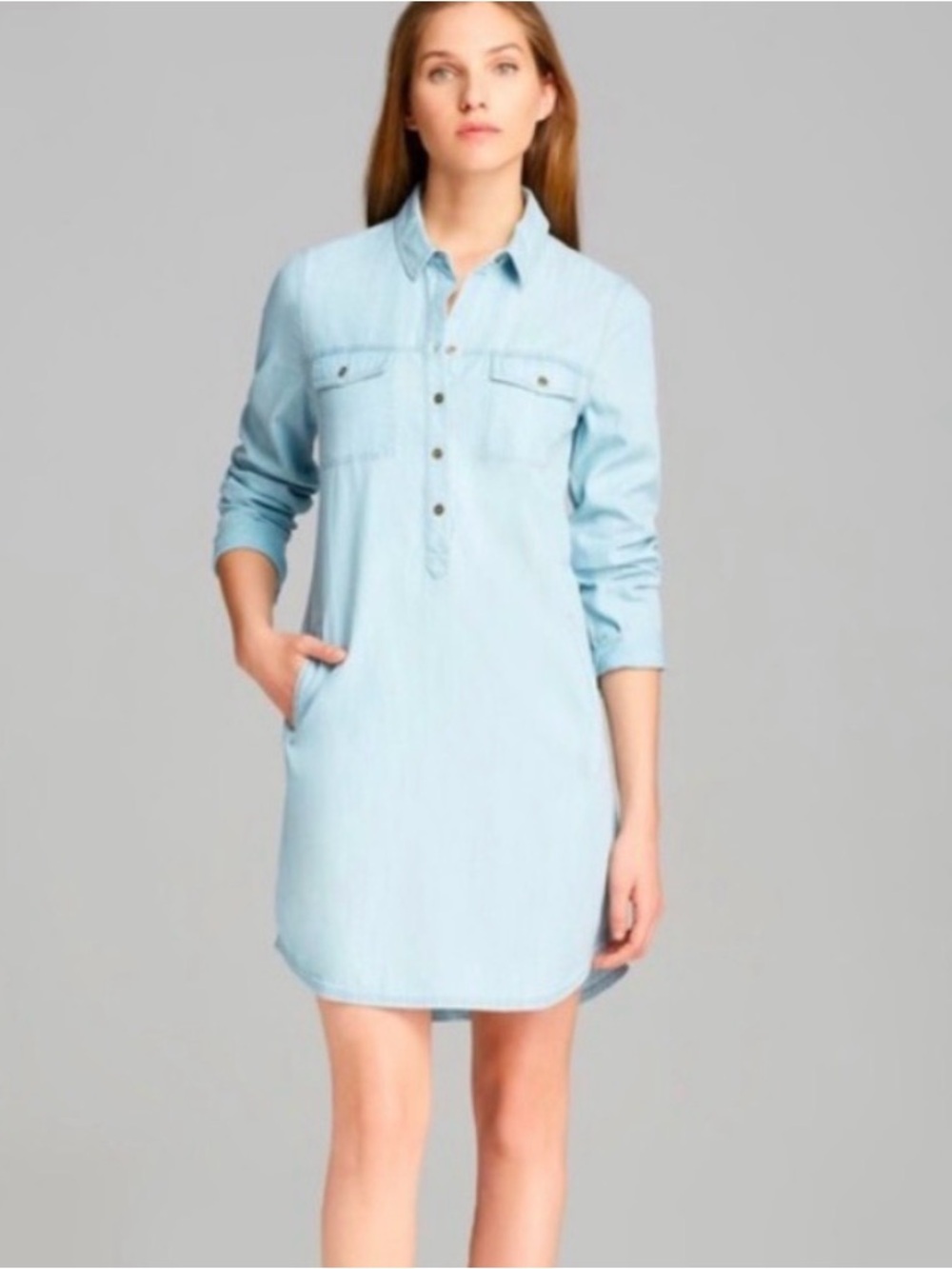 Eileen Fisher Denim Tencel Shirt Dress XXS Light Wash Long Sleeve Pocket Casual